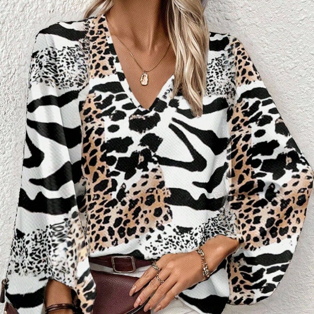 Multicolor Casual Women's Elegant Leopard Print Plus Size Long Sleeve Blouse